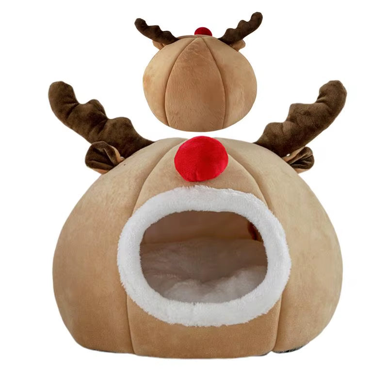 Enclosed Cat Bed Winter Cat Cave Cute Christmas Antlers Bed Dog Tent Bed Washable Indoor Cat Nest Warm House Bed for Puppy Whelp