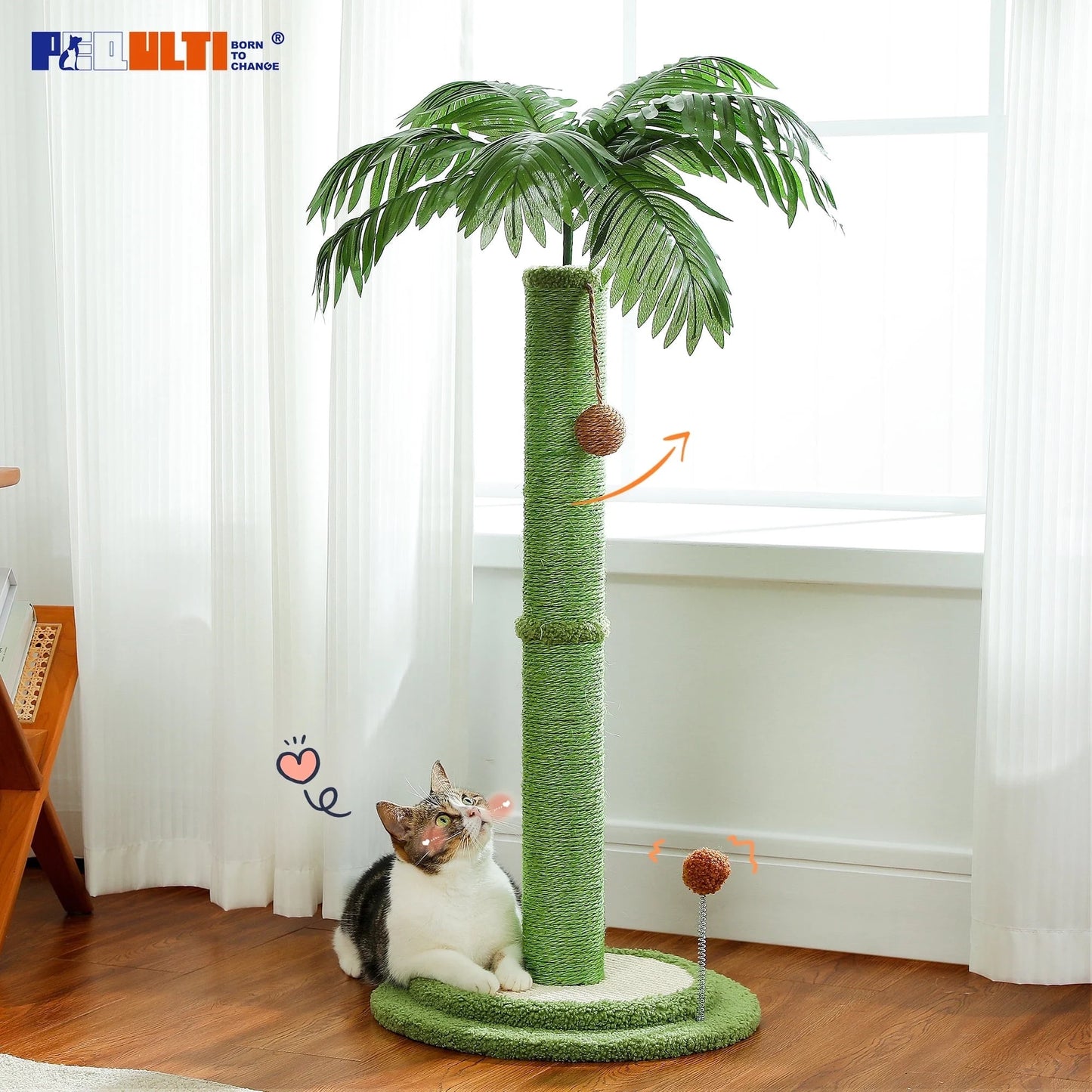 34" Large Cat Scratching Post Coconut Palm Cat Scratcher with Sisal Balls Toy Indoor Green