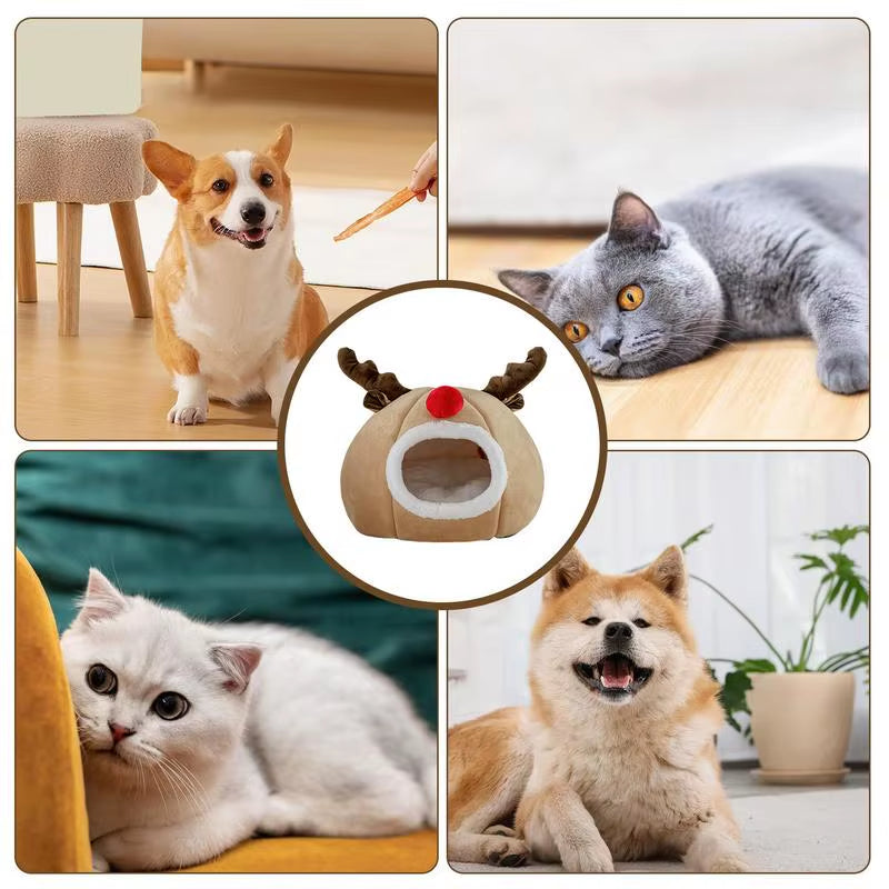Enclosed Cat Bed Winter Cat Cave Cute Christmas Antlers Bed Dog Tent Bed Washable Indoor Cat Nest Warm House Bed for Puppy Whelp