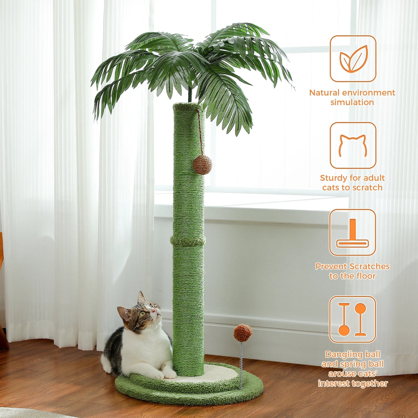 34" Large Cat Scratching Post Coconut Palm Cat Scratcher with Sisal Balls Toy Indoor Green