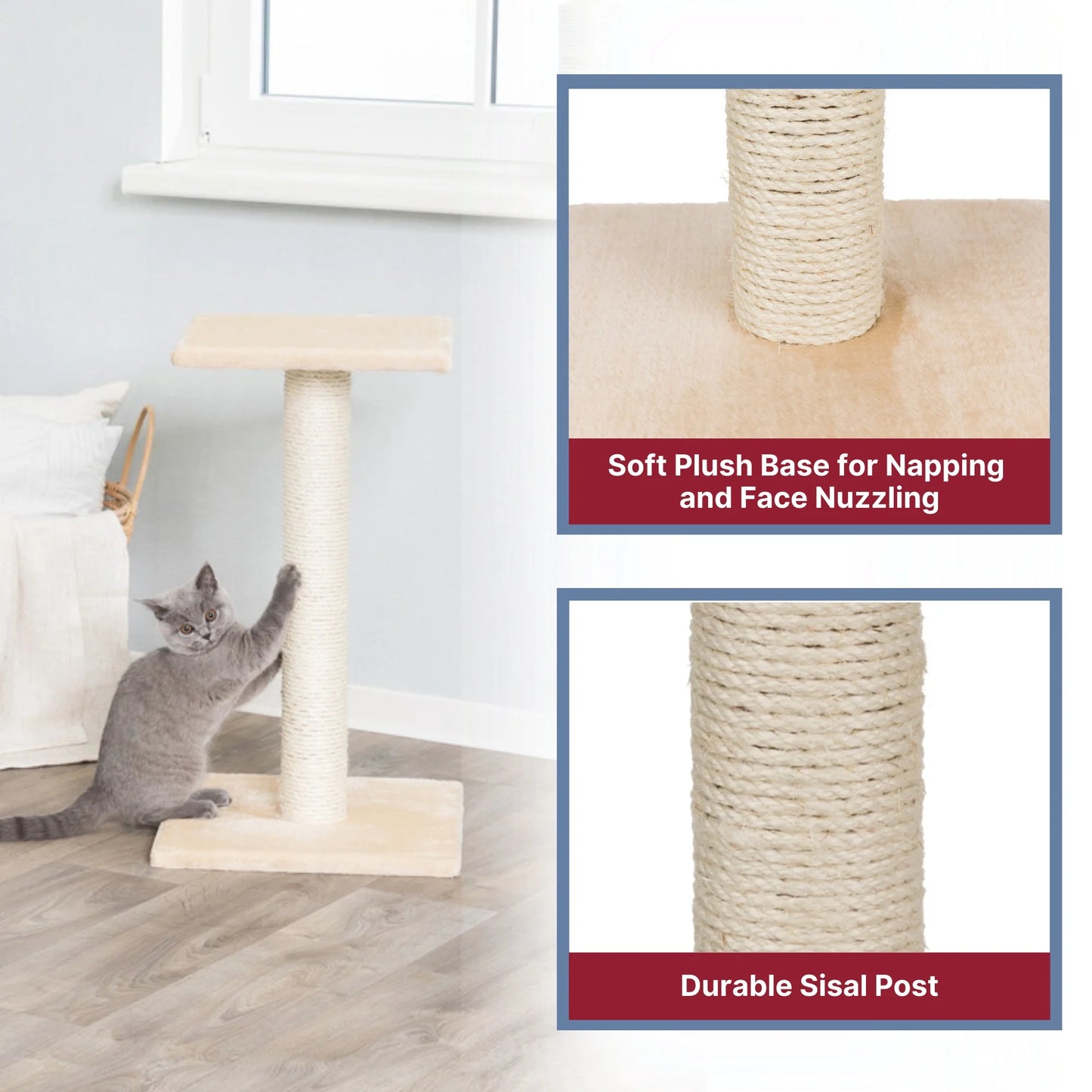 Espejo 27" Sisal Cat Scratching Post with Plush Platform, Beige