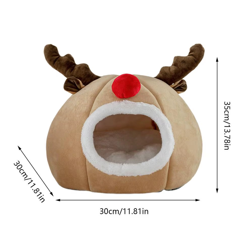 Enclosed Cat Bed Winter Cat Cave Cute Christmas Antlers Bed Dog Tent Bed Washable Indoor Cat Nest Warm House Bed for Puppy Whelp