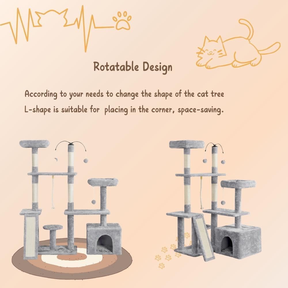 Rotatable Cat Tree 53.5In Multi-Level Cat Tower for Indoor Kittens/Large Cats, Pet House with Scratching Posts,Climbing Furniture Play Center, Light Gray