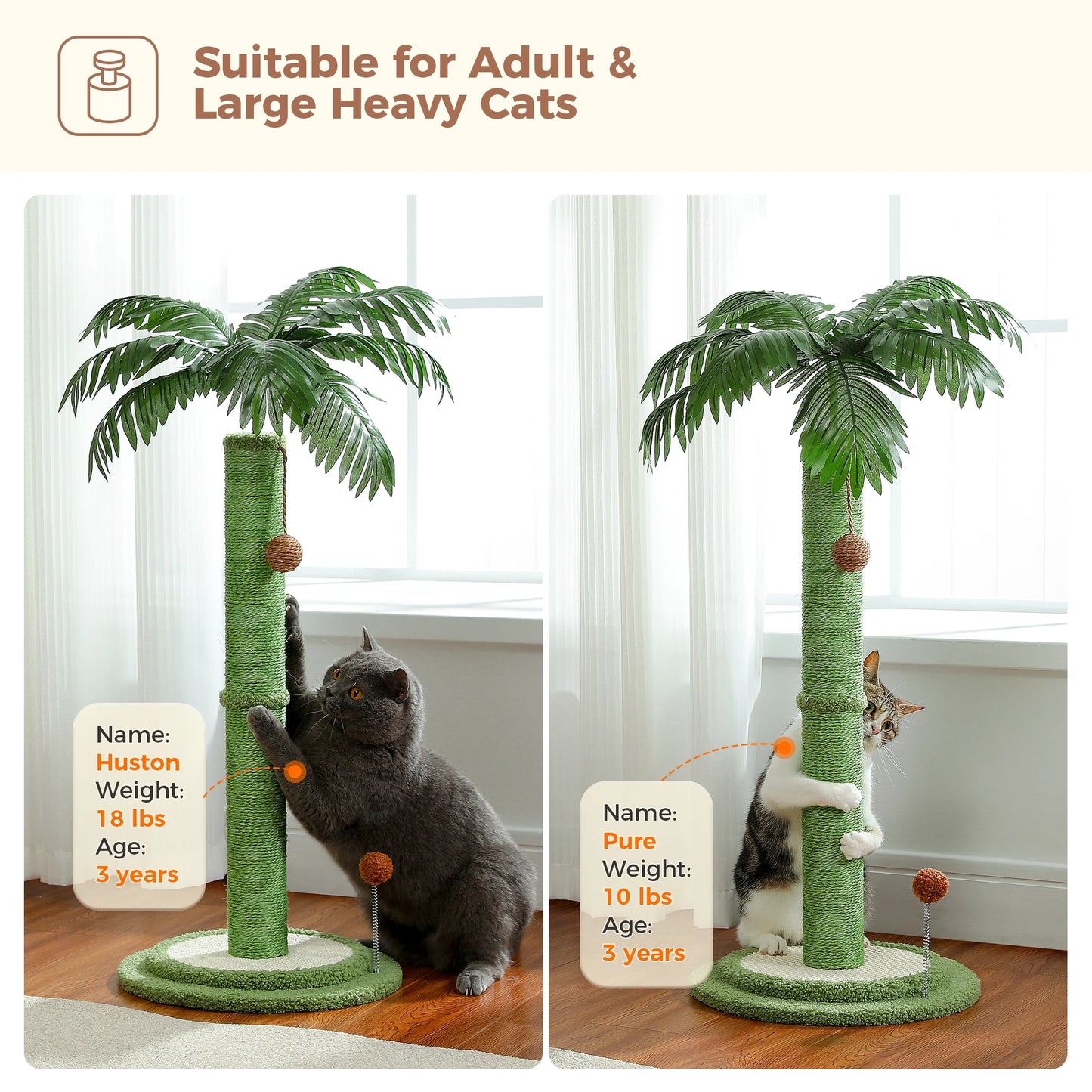 34" Large Cat Scratching Post Coconut Palm Cat Scratcher with Sisal Balls Toy Indoor Green