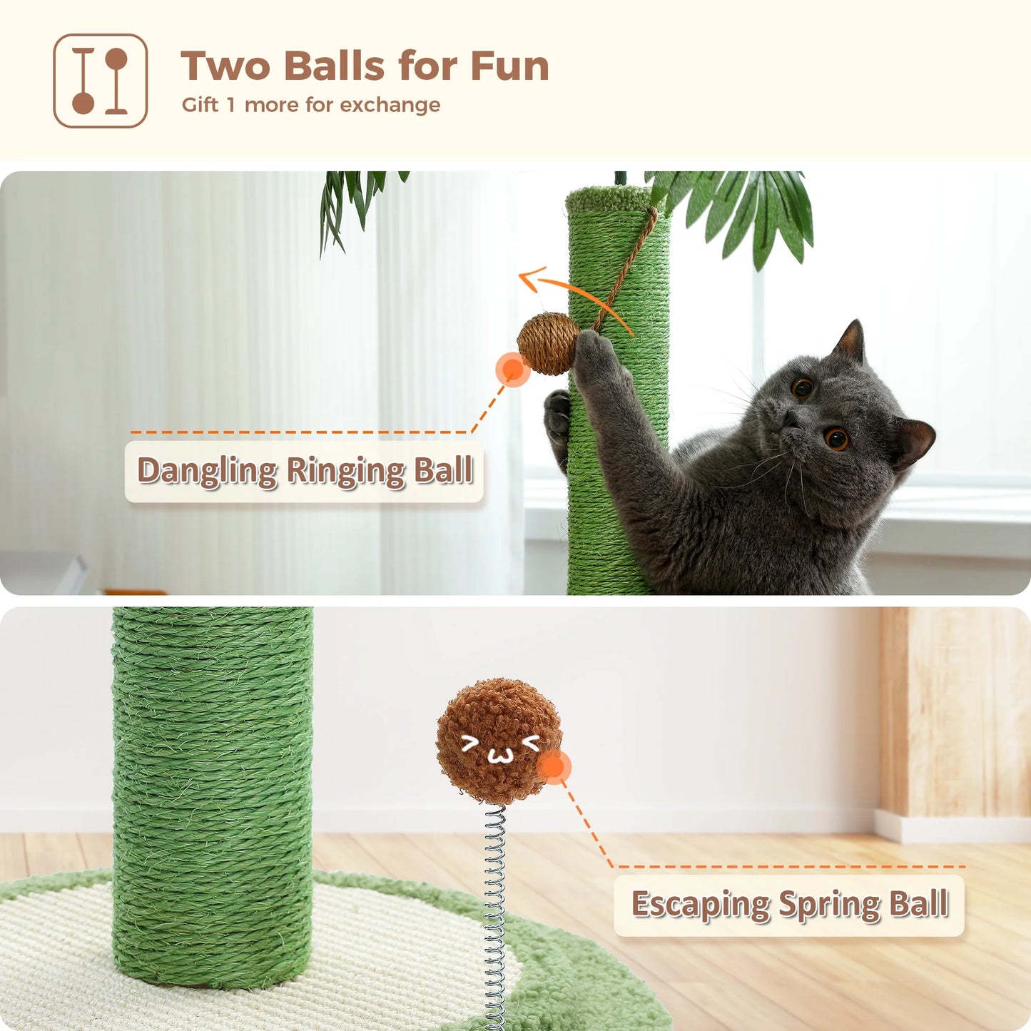 34" Large Cat Scratching Post Coconut Palm Cat Scratcher with Sisal Balls Toy Indoor Green