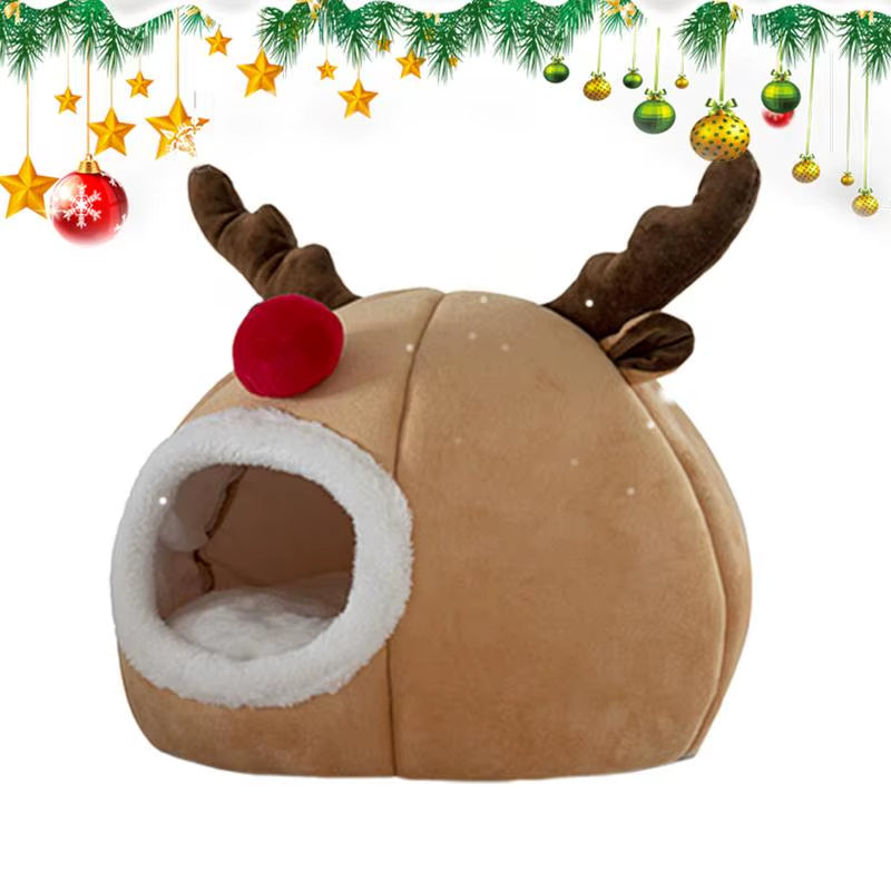 Enclosed Cat Bed Winter Cat Cave Cute Christmas Antlers Bed Dog Tent Bed Washable Indoor Cat Nest Warm House Bed for Puppy Whelp
