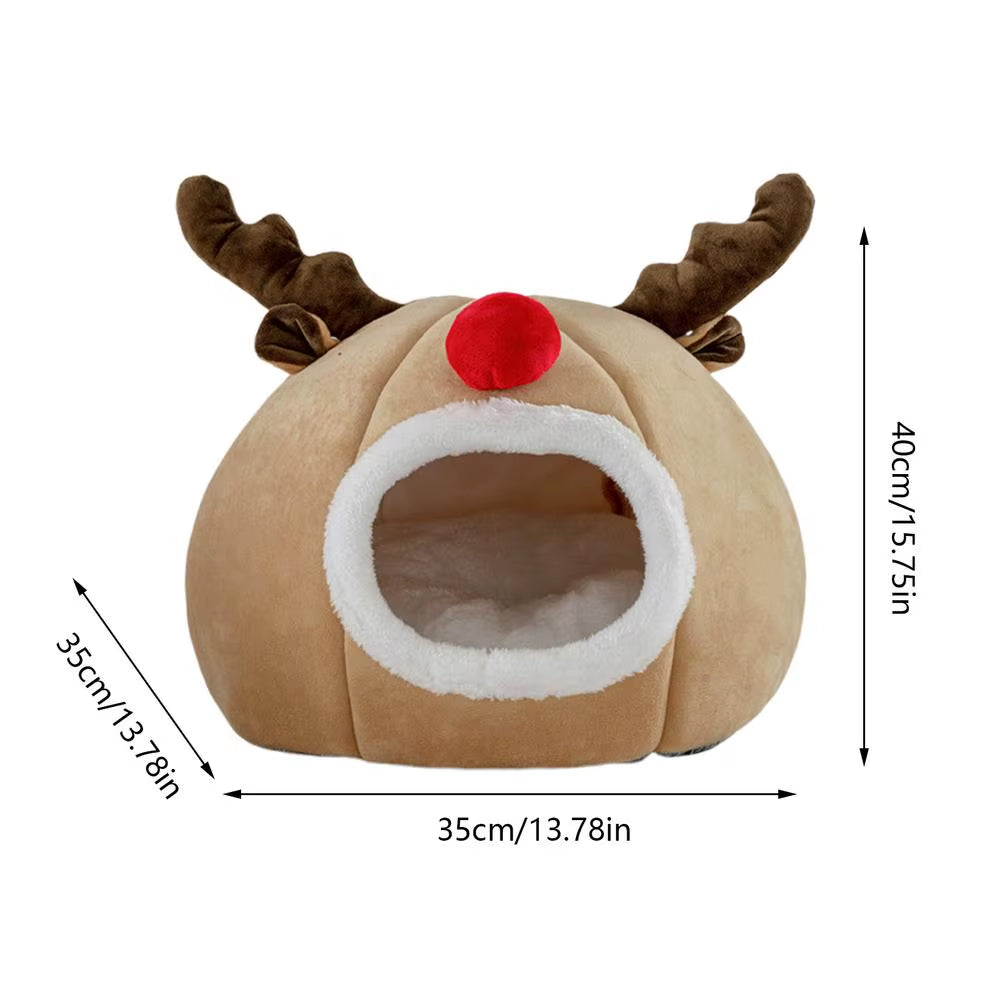 Enclosed Cat Bed Winter Cat Cave Cute Christmas Antlers Bed Dog Tent Bed Washable Indoor Cat Nest Warm House Bed for Puppy Whelp