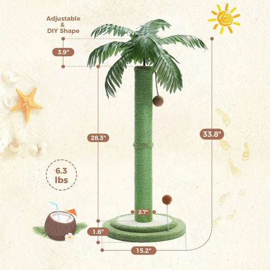 34" Large Cat Scratching Post Coconut Palm Cat Scratcher with Sisal Balls Toy Indoor Green