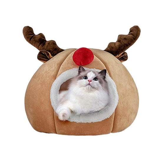 Enclosed Cat Bed Winter Cat Cave Cute Christmas Antlers Bed Dog Tent Bed Washable Indoor Cat Nest Warm House Bed for Puppy Whelp